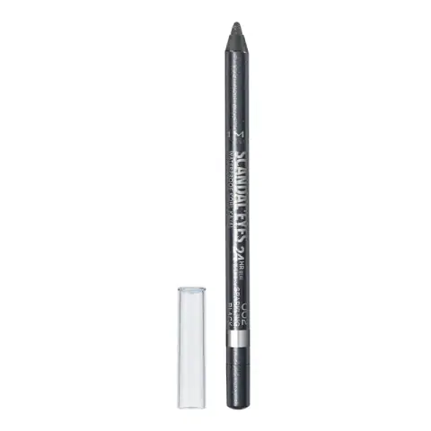 Rimmel Scandaleyes 002 black waterproof gel pencil kajal, positioned horizontally on a clean surface.
