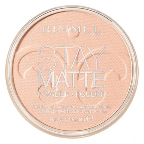 Rimmel Stay Matte Pressed Powder Pink Blossom 002 in clear compact, closed lid.