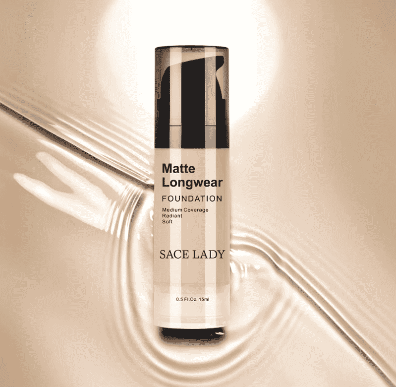 Sace Lady Matte Finish Liquid Foundation in a sleek glass bottle with black pump and cap.