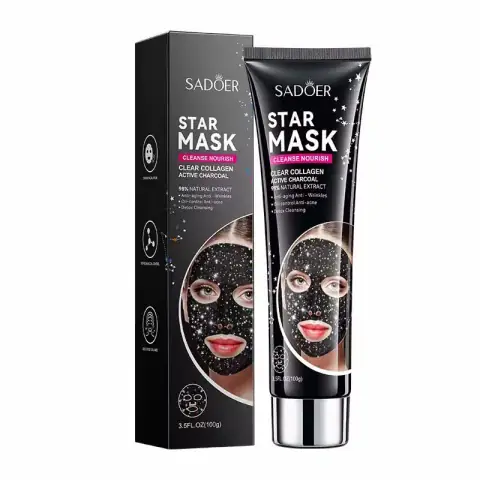 Sadoer Collagen Active Charcoal Star Mask 100g, sleek black tube with shimmering gold cap, front view.
