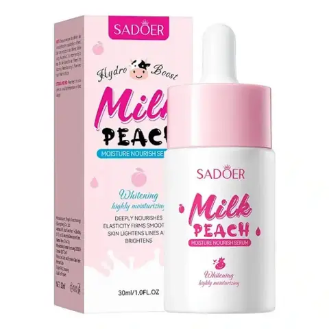 Front-facing Sadoer Hydro Boost Milk Peach Serum 30ml bottle with white pump cap on a clean background.