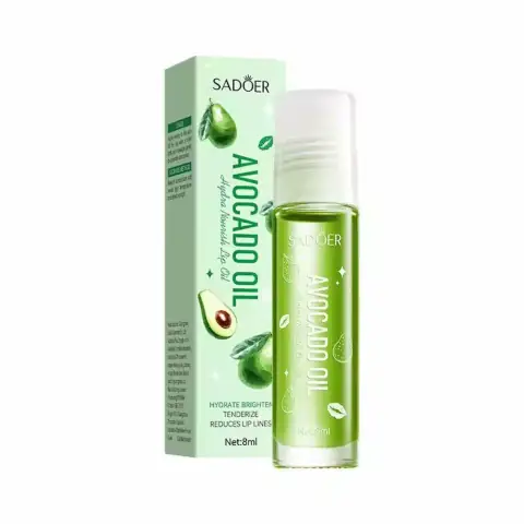Sadoer Moisturizing Avocado Lip Oil 8ml with green cap and clear tube, standing upright.