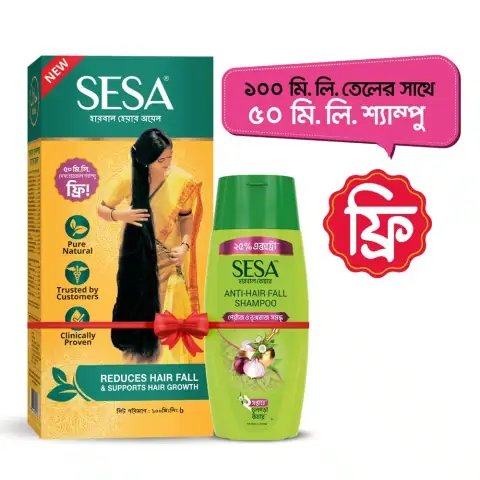 Sesa herbal hair oil in green pump bottle with white shampoo combo, 100ml and 50ml.