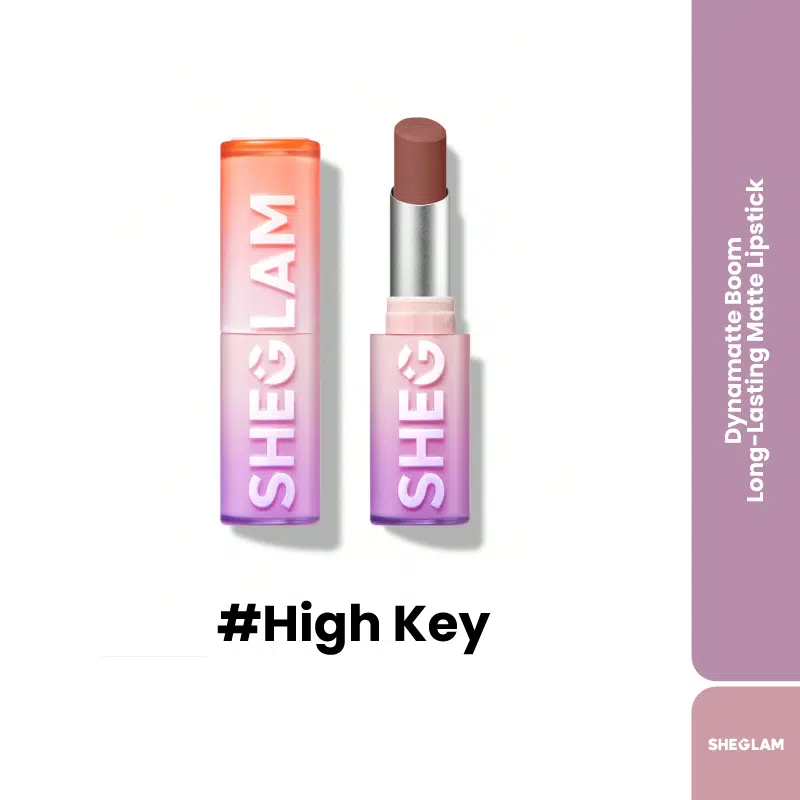 Sheglam Dynamatte Boom Long Lasting Matte Lipstick in 'High Key' with sleek metallic rose-gold packaging.