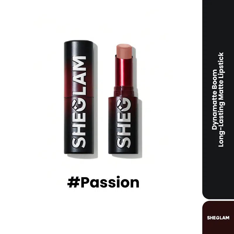 Sheglam Ember Rose Long Lasting Matte Lipstick in Passion, sleek black and rose gold packaging, upright.