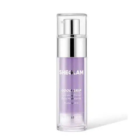 Sheglam Good Grip Hydrating Primer, light purple bottle with white pump, visible blueberry + Aha label.
