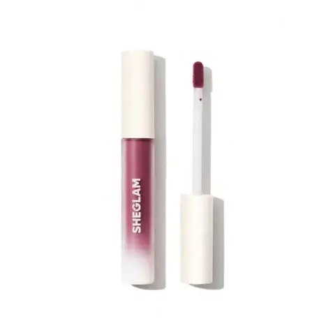 Sleek Sheglam Matte Liquid Lipstick in Vineyard stands upright, showcasing its clear tube and black cap.