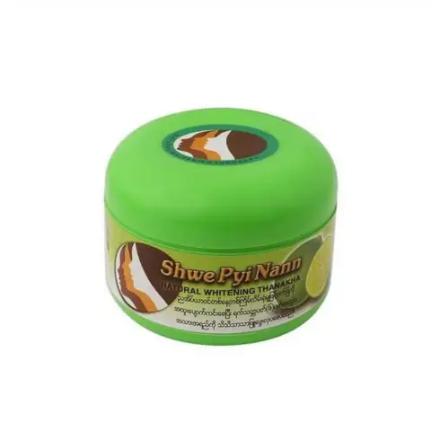 Shwe Pyi Nann Natural Whitening Thanakha Face Pack 140g tube, white with green cap, front view.