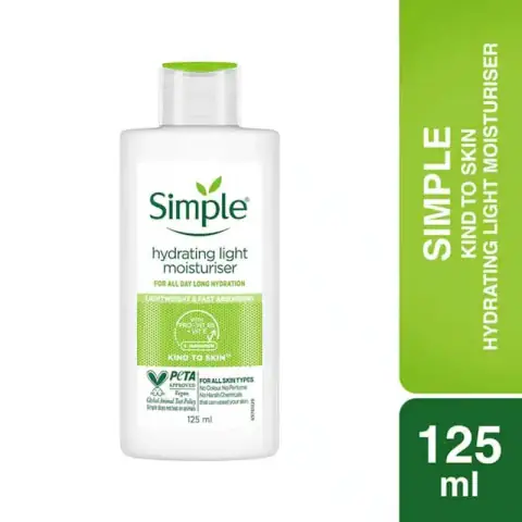 Front view of the Simple Hydrating Light Moisturiser 125ml bottle with its distinctive green flip-top cap.