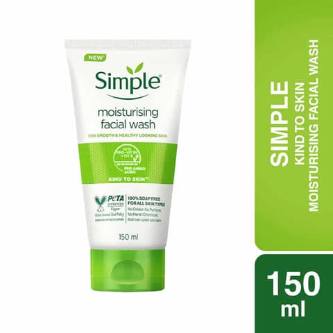 Simple Kind To Skin Moisturising Facial Wash 150ml white tube, front view, green cap.