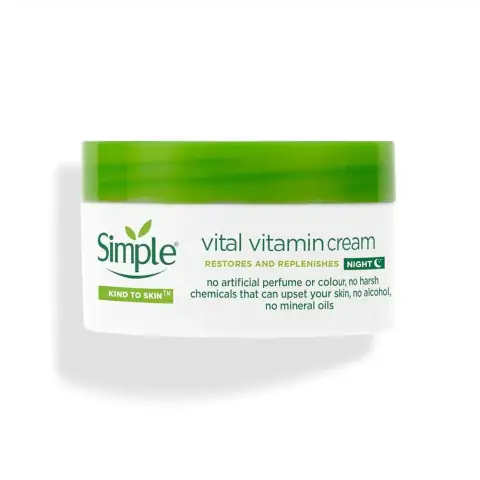 Simple Kind to Skin Vital Vitamin Night Cream 50ml, white lid, green tub, standing upright.