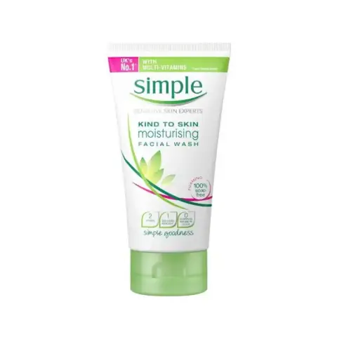 Simple Moisturising Facial Wash 50ml in a white translucent bottle with green flip-top cap, front view.