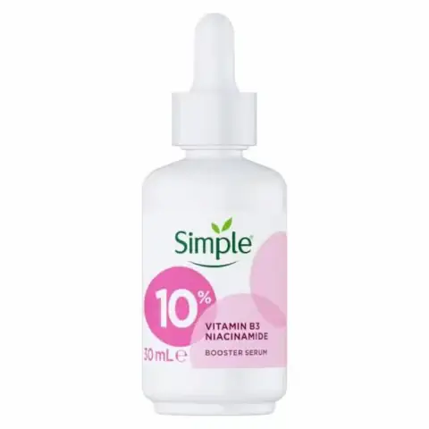 Simple Niacinamide Serum 30ml clear glass bottle with white dropper, front view, for healthy skin.