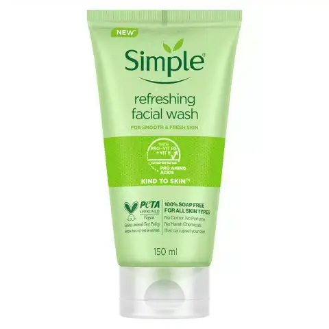 Upright Simple Refreshing Facial Wash 150ml tube, white packaging, visible green cap and brand logo.