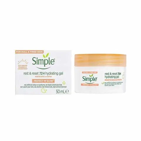 Simple Rest & Reset 72h Hydrating Gel 50ml white tube with light blue flip-top cap.