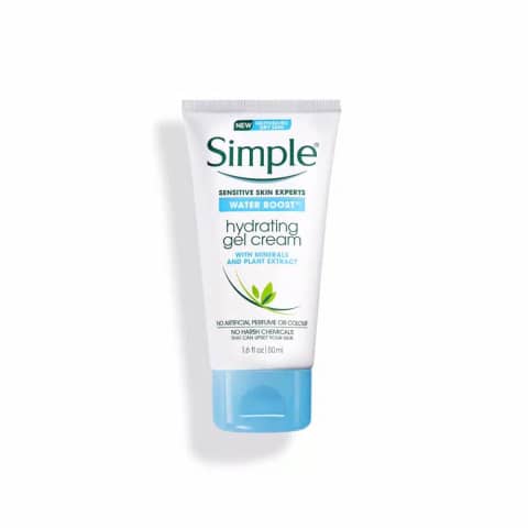 Simple Water Boost Hydrating Gel Cream 50ml, light blue tub with white lid, displayed clearly.