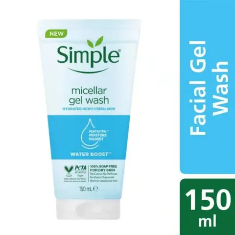 Simple Water Boost Micellar Facial Gel Wash 150ml, transparent blue bottle with white flip cap, front view.