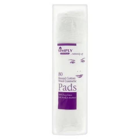 Simply Cotton Round Cosmetic Pads 80 pcs, visible through transparent packaging with blue branding.