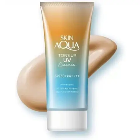 Skin Aqua Tone Up UV Essence SPF 50+ PA++++ 80g sunscreen tube, iridescent finish, standing upright.