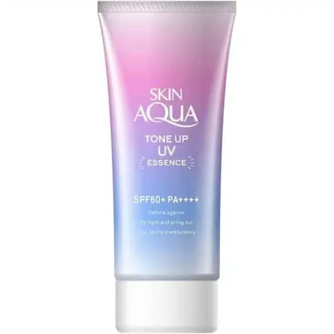 Skin Aqua Tone Up UV Essence SPF50+ sunscreen tube with iridescent blue-pink packaging on white background.