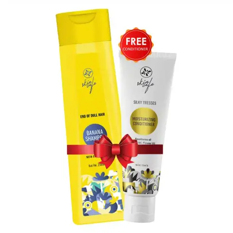 Skin Cafe Banana Shampoo and Conditioner BOGO pack, two yellow bottles with green caps, banana design.