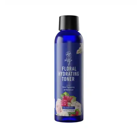 Skin Cafe Floral Hydrating Toner 110ml, clear bottle, pink floral label, and white cap.