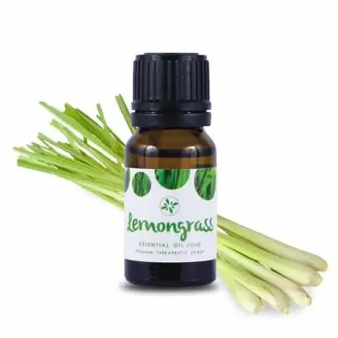 Skin Cafe Lemongrass Essential oil in a clear glass bottle with a white dropper cap.