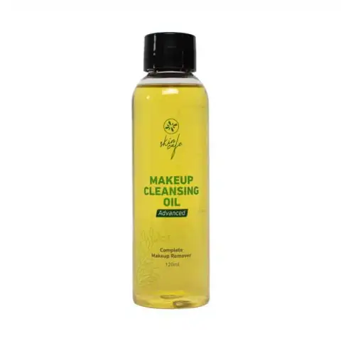 Skin Cafe Makeup Cleansing Oil, golden liquid in clear pump bottle on a white background.