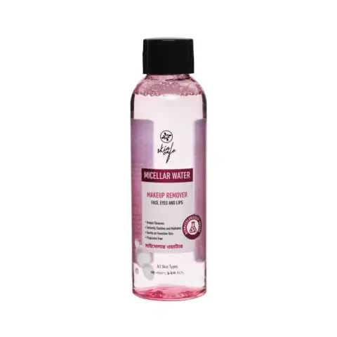 Skin Cafe Micellar Water 120ml clear bottle with pink label and white cap, standing upright.