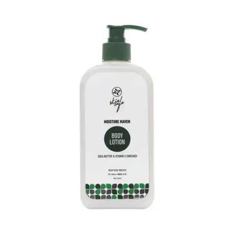 Skin Cafe Moisture Maven Body Lotion, 350ml, white bottle with light green pump dispenser.