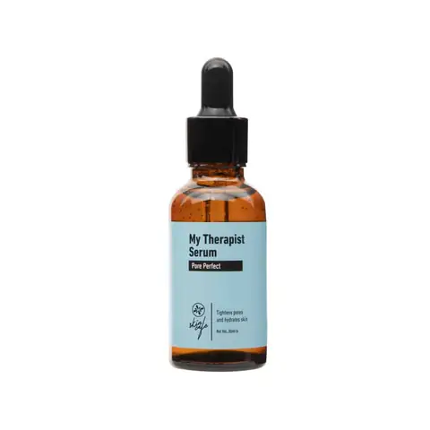 Skin Cafe My Therapist Serum Pore Perfect 30ml, frosted glass bottle with white dropper, upright.