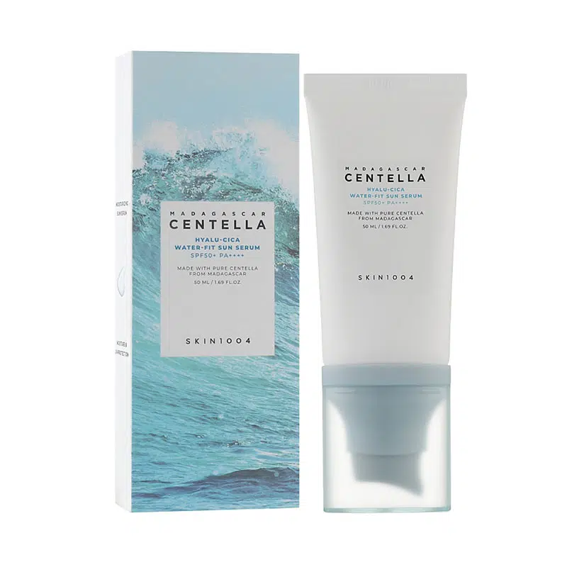 Skin1004 Centella Hyalu-Cica Water-Fit Sun Serum SPF50+ tube, 50ml, with clear front label.