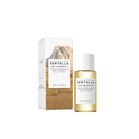 Upright Skin1004 Madagascar Centella Light Cleansing Oil 30ml bottle, clear liquid, white pump dispenser.