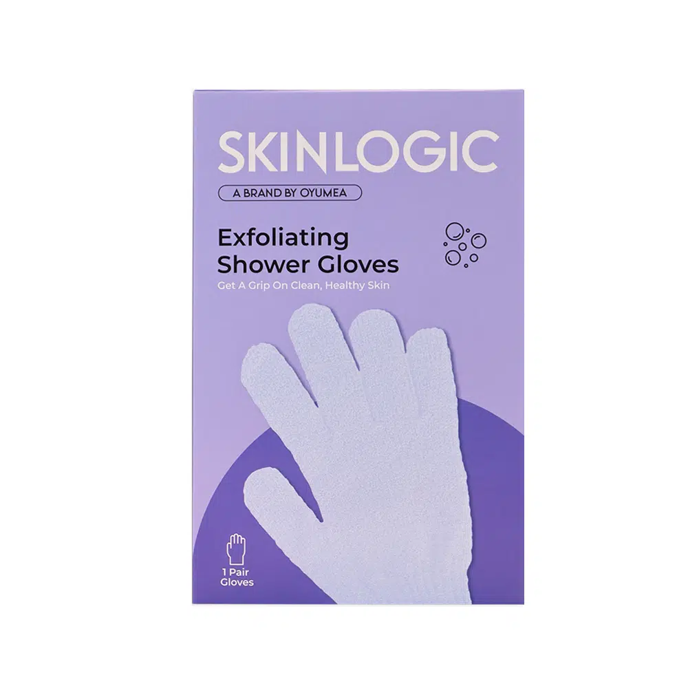 Skinlogic purple exfoliating body gloves, a textured pair for effective skin cleansing and exfoliation.