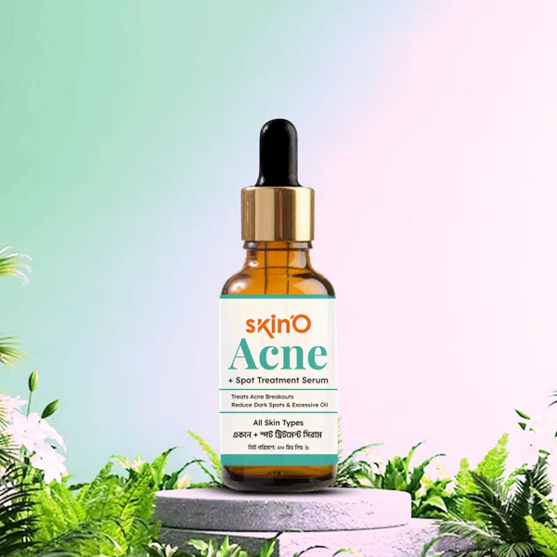 Front view of SkinO Acne Spot Treatment Serum 30ml in a white bottle with green dropper cap.