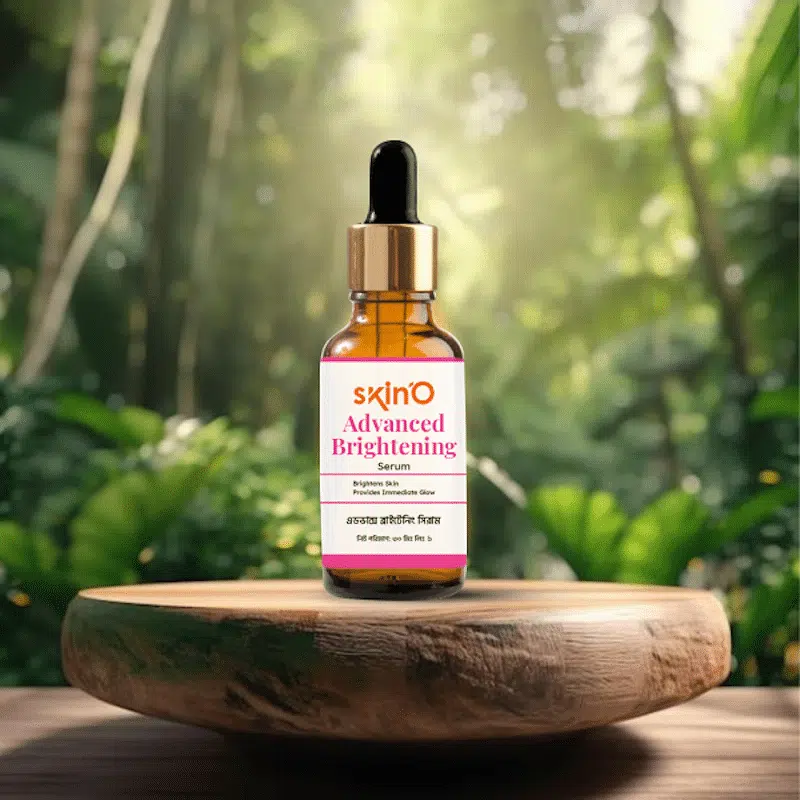 SkinO Advanced Brightening Serum 30ml in a clear glass dropper bottle with white cap.