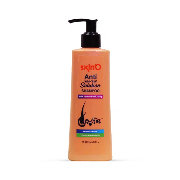 Frontal view of SkinO Anti Hair Fall Solution Shampoo 200ml white bottle with green label and pump.