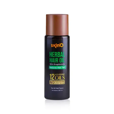 Full view of Skino Herbal Hair Oil 100ml bottle, green packaging, elegant gold cap.