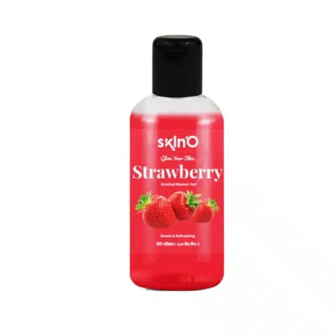 SkinO Strawberry Scented Shower Gel 220ml in a translucent pink bottle with white cap, upright.