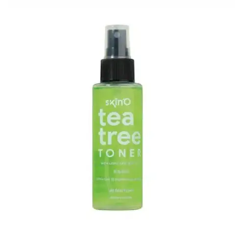 SkinO Tea Tree Toner 100ml in a transparent bottle with white cap, clearly showing light AHA BHA PHA label.