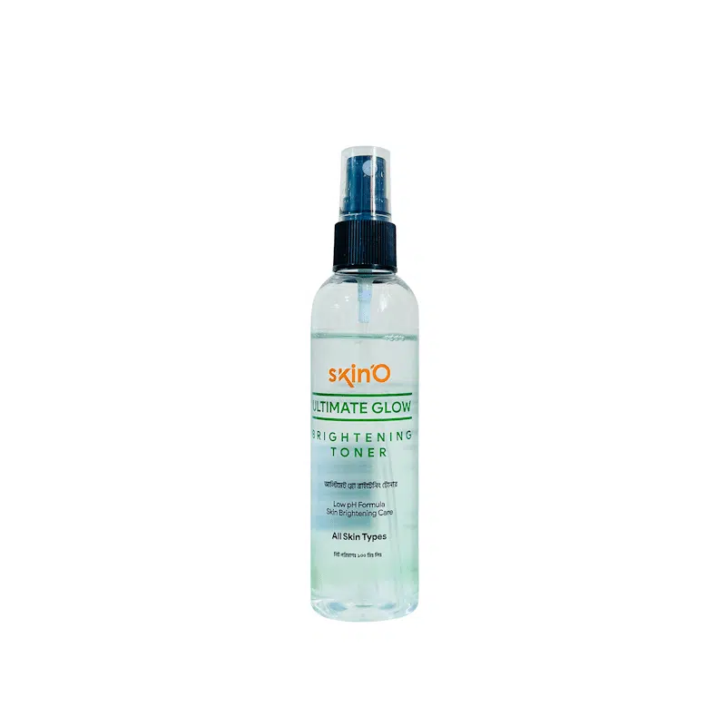 SkinO Ultimate Glow Brightening Toner 100ml bottle, clear with white cap and pinkish liquid.