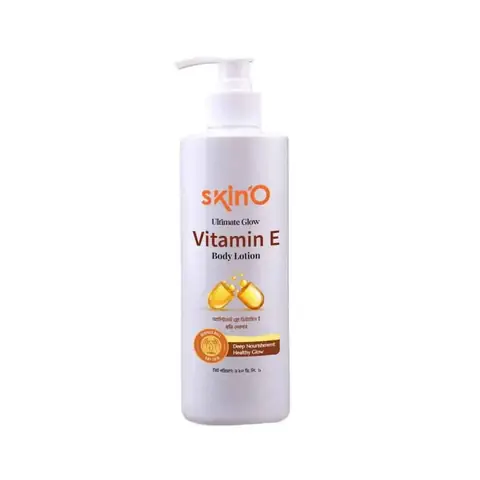 SkinO Ultimate Glow Vitamin E Body Lotion 220ml white bottle with pink cap, front view.