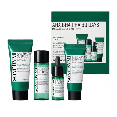 SOME BY MI Miracle AC SOS Kit showing green toner, serum, cream, and soap bar.