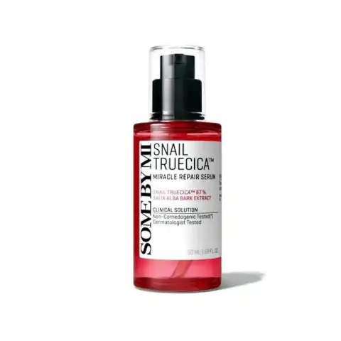 SOME BY MI Snail Trucica Miracle Repair Serum in a dark brown dropper bottle on a white background.
