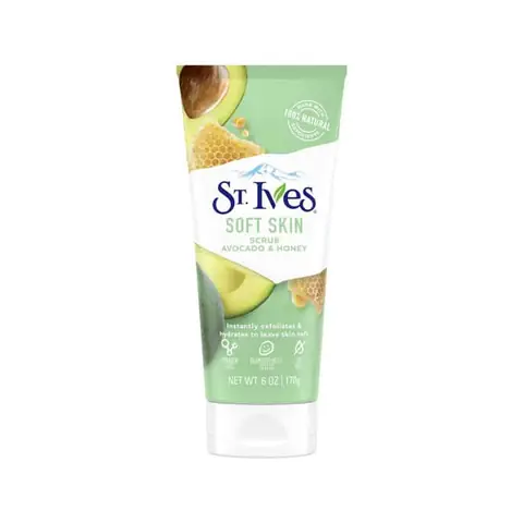 St. Ives Soft Skin Avocado & Honey Scrub 170g in its green tube, front view on white.