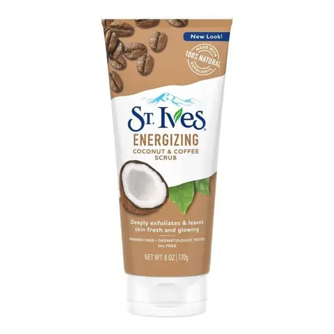 StIves Energizing Coconut & Coffee Face Scrub 170g tube, front view, with coconut and coffee graphics.
