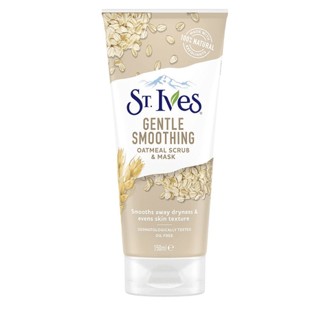 StIves Gentle Smoothing Oatmeal Scrub & Mask, 150ml white tube with green flip-top cap.