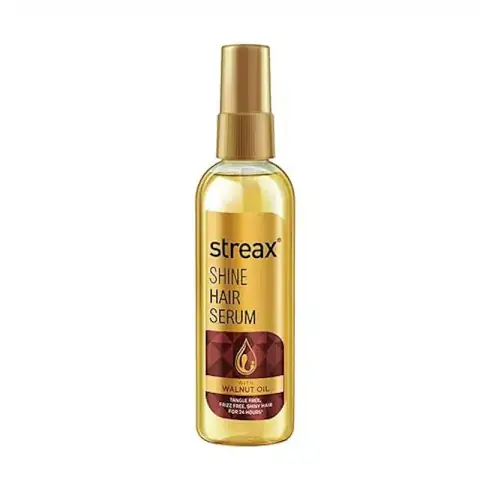Streax Hair Serum Vitalized with Walnut Oil, 100ml bottle, full view with pump, on a light background.