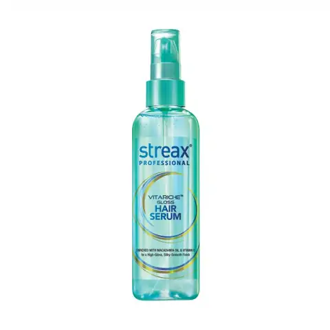 Streax Vitariche Gloss Hair Serum 115ml, clear bottle showcasing golden liquid, prominent label, white background.