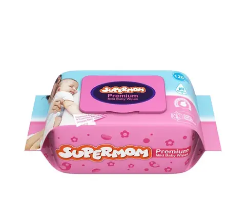 Supermom Premium Mild Baby Wipes 120pcs pack, front view, in light blue and white packaging.